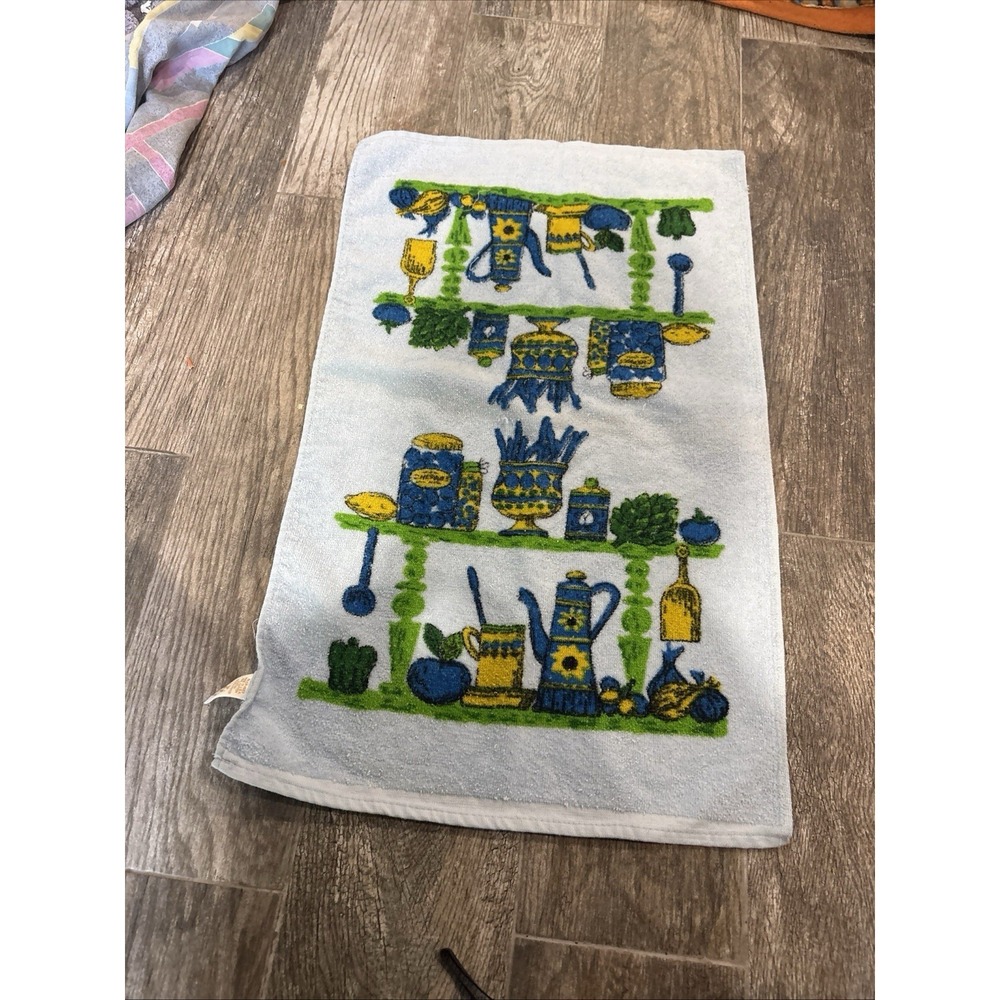 Vtg MCM Kitchen Teal Blue Terry Hand‎ Towel Kitsch 70s Retro Groovy